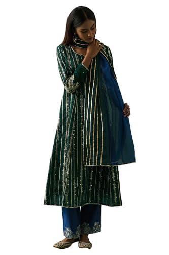 Wishful Women's Green Striped Embroidered Angrakha Kurta with Trouser and Dupatta Set - (SP12864-401158-XXL)