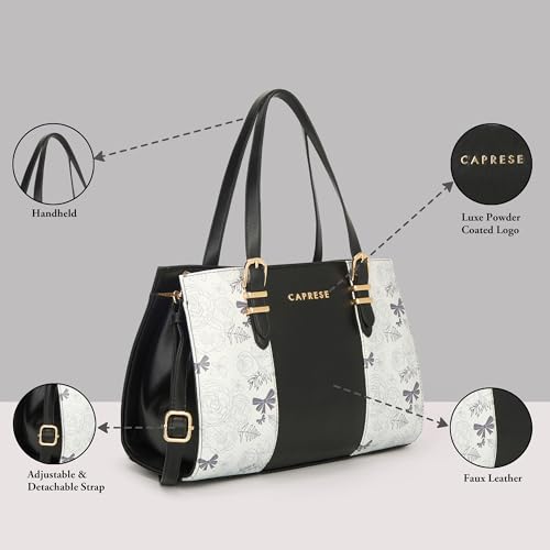Caprese Scarlet Medium Printed Faux Leather Satchel Bag for Women | Adjustable & Detachable Crossbody Shoulder Strap with Back Zipper Pocket | Multi-Compartment Handbag for Work & Travel (Black)