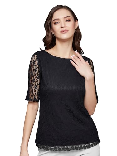 Miss Chase Women's Round Neck Half Sleeves Basic Lace Crop Top (MCAW25TP98-56-NOB-02, Obscura Black, XS)