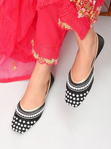 XE Looks Women’s Pearl Embellished Ethnic Juttis with Beaded Detailing | Soft Cushioned Insole | Lightweight Slip-On Traditional Flats for Girls & Women Black