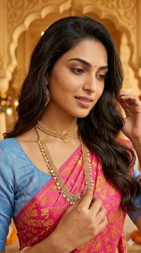 VFCollections Women's Kanchipuram Silk Pure Pattu Sarees- No Border/Zero Border - Teen & Mid age With Blouse (VFC263-6)