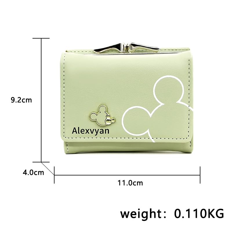 Alexvyan Green Mickey Small Tri-Fold Women's Purse Wallet Card Organizer Female Hand Purse Clutch Women/Ladies/Girls Wallets 5 Card Holder 1 Long & 2 Small Pocket -1 Coin Pocket