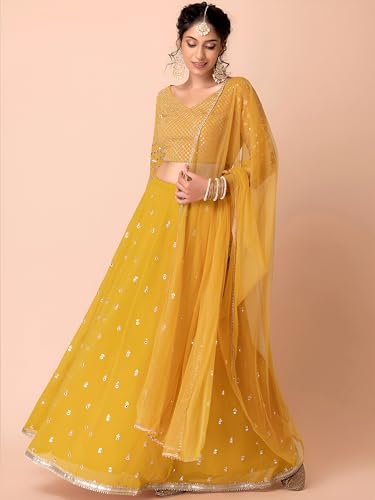 Zeel Clothing Women's Georgette Embroidered Fabric Sequins Embroidered New Lehenga Choli with Dupatta (5071-Yellow-Wedding-Designer-Latest; Free Size), Customizable Length