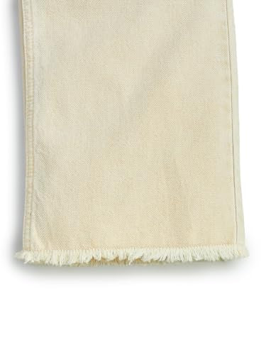 Knit N Knot Girl's Kids Beige Cream Wide Leg Flared Fit Relaxed Loose Colour High Rise Frayed Bottom Jeans | Regular Casual Festival Occassional Wear | Non Stretch | Adjustable Waist, 9-10 Years