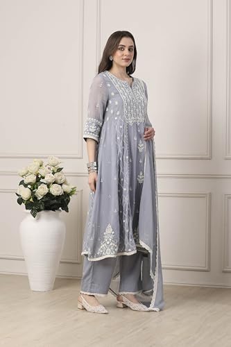 BIBA Solid Viscose Kalidar Festive Kurta With Palazzo and Dupatta