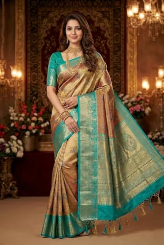VFCollections Women's Traditional Handloom Kanchipuram Silk Pure Pattu Sarees | Rich Zari Woven Design | Bridal Saree | Unstitched Blouse (VFC721-6)