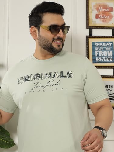 JOHN PRIDE Plus Size Men Regular Fit Printed Short Sleeves Green Round Neck Stretchable T-Shirt (JPTSR32461_5XL_Green)