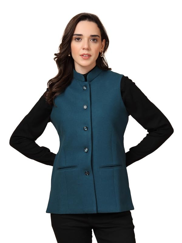 Vastraa Fusion Solid Indian Traditional Ethnic Waistcoat Festive Woolen Nehru Jacket for Women(TS1452D-42 Teal Blue)