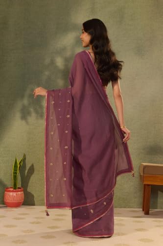 Taneira Purple Pure Silk Cotton Embroidered SareeWith Unstitched Blouse(SAARLCPSC0101-Purple)