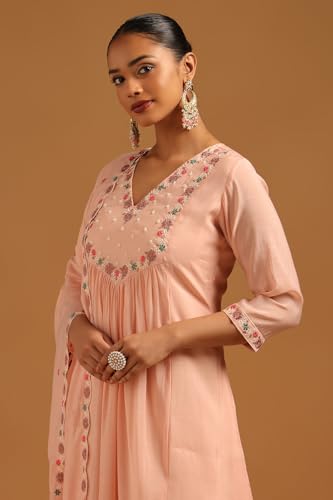 Soch Womens Peach Mul Chanderi Floral Salwar Suit With Hand Embroidery and Bead Details