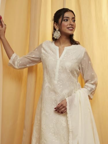 BIBA Cotton Silk Solid A-Line Festive Kurta With Palazzo And Dupatta