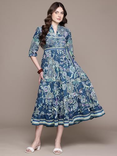 Label RITU KUMAR Blue Alanna 3/4 Sleeves Long Dress with Belt