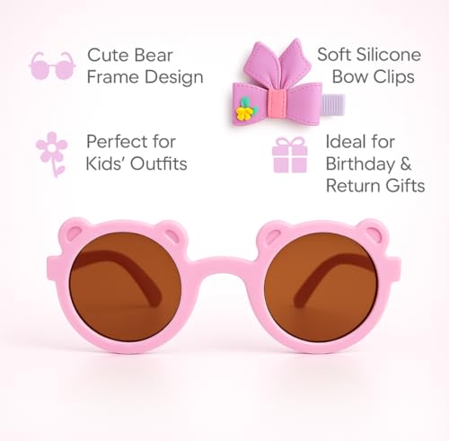Tresneria Kids Fashion Sunglasses and Hair Bow Clip Set | Cute Pink Bear Frame Glasses with Lavender Butterfly Bow Clips Pack of 2
