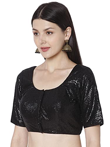SALWAR STUDIO S Women's Black Georgette Sequence Self Design Readymade Saree Blouse-SSB3782-BLCK