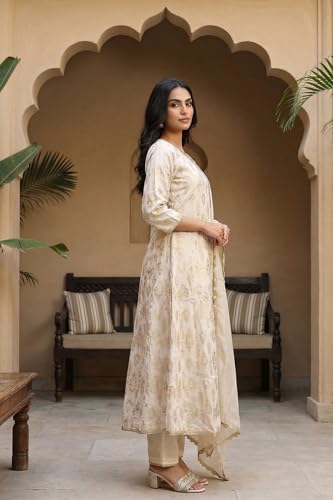 W for Woman Off White Zari Work Jacquard Anarkali Kurta with Straight Pant and Dupatta Set - (WS13229-314322-3XL)