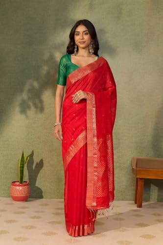 Red Pure Silk Cutwork Bengal SareeWith Unstitched Blouse( SHG08H00444-Red)
