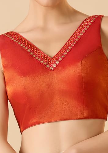 S SALWAR STUDIO Rust Cotton Tissue V-Neck Sleeveless Readymade Blouse