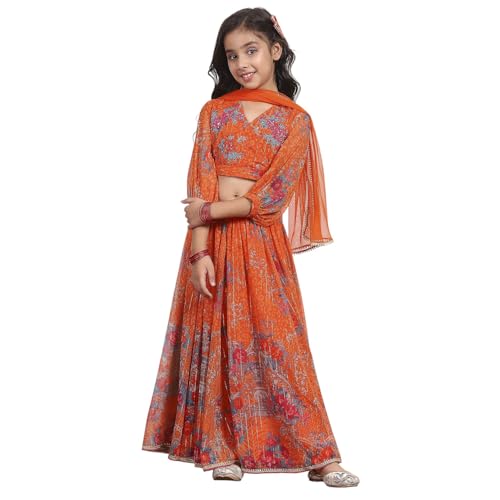 Biba Girl's Orage Polyester Prited Kalidar Lehega Set