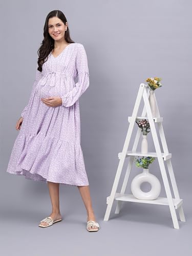 Miga Women's Maternity Dress with V Neck and Feeding Zipper, Pocket and Adjustable Tie-Knot Waist, Puff Sleeve Lilac