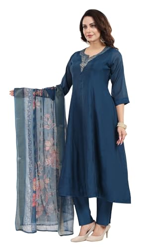 DARIKA Women's Navy Blue Embroidered Kurta Pant Dupatta Set | Floral Printed Organza Dupatta | Ethnic Suit Set for Women & Traditional Dress