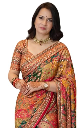 Kryone Collection Printed Chinon Silk Saree with Zari Woven Mirror Work and Unstitched Blouse Piece for Women Traditional Party Ethnic Wear Saree