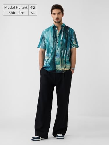 The Souled Store Jungle Book: Into The Wild Men and Boys Short Sleeves Collared Neck Button Front Blue Printed Cotton Blend Regular Fit Holiday Shirts