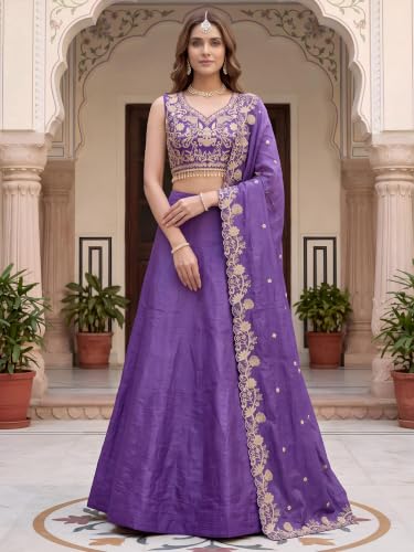 Zeel Clothing Women's Zari Sequins Embroidered Work Crush Silk Lehenga Choli With Dupatta (5136-Purple-Women-Lehenga-Choli; Free size)