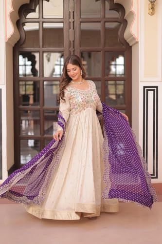 Forteo Fashion Women Cosmos Weaving Jequard with Pearl Beads Embroidered Work Gown with Duppata Set Gown | Festival Wear (in, Alpha, 2XL, Regular, Purple)