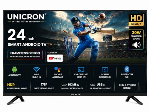 24 inch smart tv Android Frameless HD LED TV | WiFi Enabled | Built-in Apps Compatible (YouTube, Netflix, Prime Video) | HDMI, USB Connectivity | Screenmirror | Slim & Stylish | Black A+