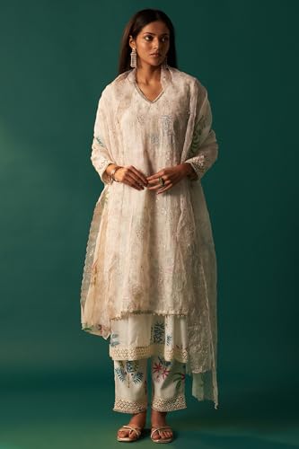 Wishful Women's White Floral Printed and Embroidered Layered Cotton Blend Kurta with Pant and Dupatta Set (SP12869-401079-2XL)
