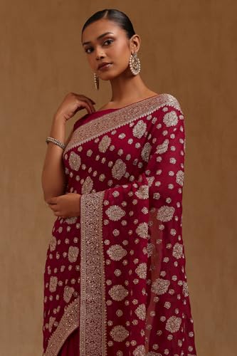 Soch Womens Fuchsia Georgette Embroidered Saree With Stone Work