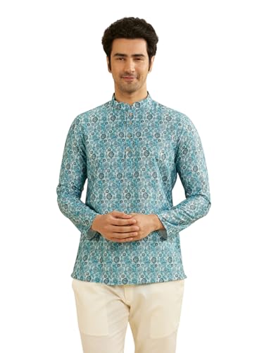 Manyavar Men's Cotton Blend Digital Print Short Kurta (Blue,XL)