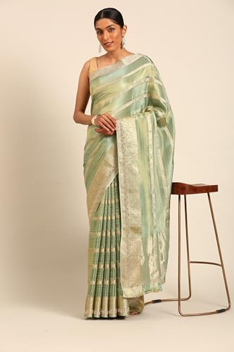 MOHEY Women's Green Organza Stone Work|Zari Saree (Green)