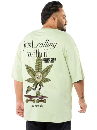 Bewakoof Men's Graphic Print Oversized Fit Half Sleeve Round Neck Cotton Plus Size T-Shirt_694214_Green_6XL