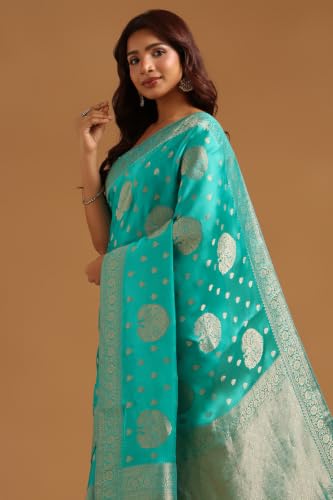 Soch Womens Turquoise Blue Satin Ethnic Motifs Zari Woven Saree
