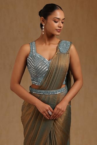 Soch Womens Turquoise Blue Organza Solid Ready To Wear Saree