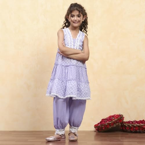 BIBA Girl's Purple Cotton Tiered Printed Kurta Salwar Set