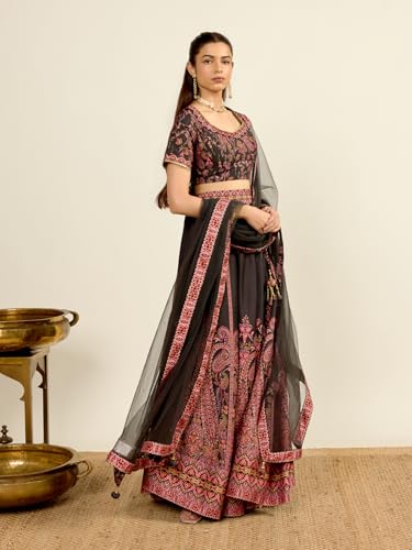 Aarke Ritu Kumar Black Square Neck Blouse With Lehenga And Dupatta