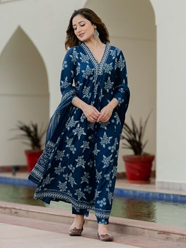 Arayna Women’s Pure Cotton Handblock Ethnic Printed Kurta Set with Pants & Dupatta - Indigo Blue, Small