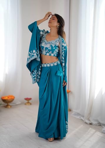 MARUTI FASHION HOUSE Lehenga Choli Indo-Western Draped Saree Set For Womens And Girls Ready To Wear Hevay Crep Silk Fabric With Work Multi Thread Embroidery Coding Sequence Light teal