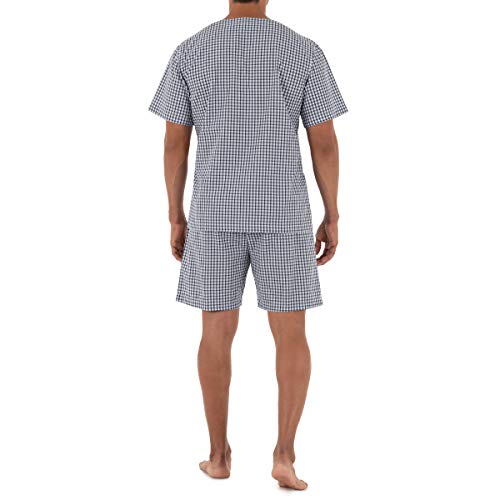 Fruit of the Loom Men's Broadcloth Short Sleeve Pajama Set, Navy/White Check, Large