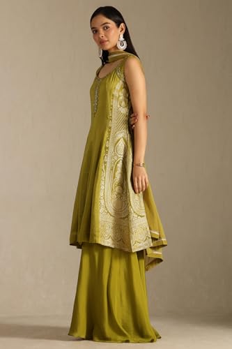 Soch Womens Green Tissue Zari Woven Suit Set With Mirror Work