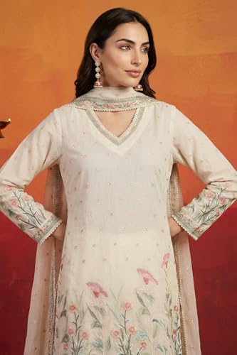 Wishful Women's Off White Thread Embroidered Chanderi Straight Kurta with Sharara and Dupatta Set - (SP13782-400520-M)