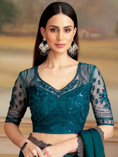 AKHILAM Women's Teal green Georgette Embellished Saree With Unstitched Blouse Piece (SALSA8102_TFH)