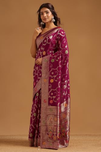 Soch Womens Wine Crepe Botanical Zari Woven Saree