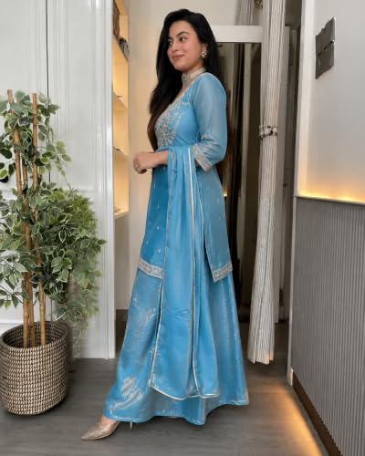 Women's Blue Silk Blend Straight Kurta Set With Dupatta And Palazzo