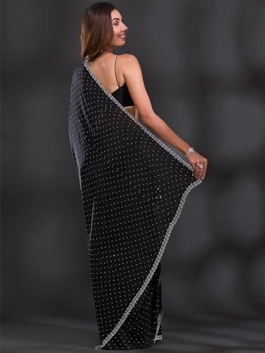 TRENDMALLS Women's Satin Georgette Siroski work Saree with Unstitched Blouse Piece (K1086-Black)
