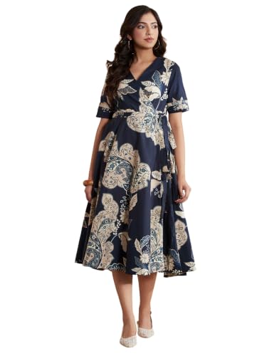 BIBA 100% Cotton Printed Semi-Formal Kalidar Dress Blue