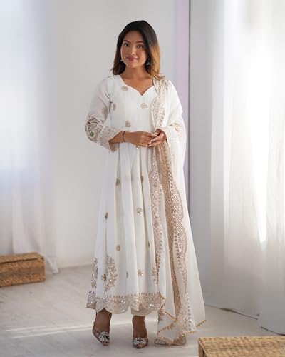 Leeli Peeri Designer Women's Chinon Silk Sequence Embroidery Work Anarkali Kurta with Trouser and Dupatta