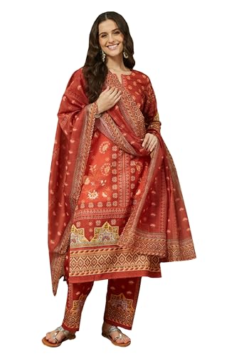 Janasya Women's Rust Orange Cotton Blend Floral Printed Pakistani Straight Kurta Set (JAC25ST02970-XL)